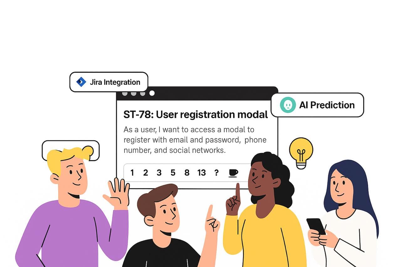 People discussing 'ST-78: User registration modal' requirements, Jira Integration, AI Prediction, and Fibonacci story points.